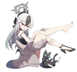 Rule 34 | 1girl, animal, barefoot, black choker, black dress, black footwear, black hair, black horns, black nails, black wings, blue archive, blush, cat, choker, commentary, demon horns, demon wings, dress, e li (77864296), feet, fingernails, grey hair, grey halo, grey jacket, hair between eyes, halo, high heels, highres, horns, jacket, kayoko (blue archive), kayoko (dress) (blue archive), knees together feet apart, legs, long hair, multicolored hair, nail polish, official alternate costume, open clothes, open jacket, open mouth, red eyes, shoes, simple background, single shoe, single wing, solo, symbol-only commentary, toenail polish, toenails, toes, white background, wings