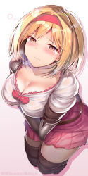 Rule 34 | 1girl, blonde hair, blush, boots, bow, bowtie, breasts, brown eyes, cleavage, covering privates, covering crotch, crying, crying with eyes open, djeeta (granblue fantasy), dress, gauntlets, granblue fantasy, headband, large breasts, looking at viewer, migumigu, pink bow, pink dress, pink headband, pink headwear, short hair, simple background, solo, tears, thigh boots, thighhighs, white background