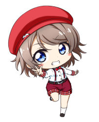 Rule 34 | 1girl, belt, belt buckle, beret, black belt, black footwear, blue eyes, blush, bow, bowtie, brown hair, buckle, chibi, collared shirt, dress shirt, full body, grin, hat, kuena, loafers, long sleeves, looking at viewer, love live!, love live! sunshine!!, red bow, red bowtie, red hat, red shorts, shirt, shoes, short shorts, shorts, simple background, smile, socks, solo, standing, standing on one leg, suspender shorts, suspenders, watanabe you, white background, white shirt, white socks