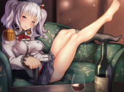 Rule 34 | 10s, 1girl, ass, ayagi daifuku, bare legs, barefoot, blush, bottle, breasts, come hither, commentary request, couch, cup, drinking glass, feet, female focus, hat, jacket, kantai collection, kashima (kancolle), kneehighs, large breasts, leg up, long sleeves, looking at viewer, military, military uniform, pleated skirt, purple eyes, silver hair, single kneehigh, single sock, sitting, skirt, socks, solo, twintails, uniform, wine bottle, wine glass