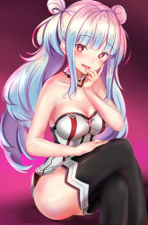 Rule 34 | 1girl, :d, ass, bad id, bad pixiv id, bare arms, bare shoulders, black thighhighs, blue hair, blush, breasts, cleavage, collarbone, crossed legs, detached collar, double bun, dress, gradient background, gradient hair, hair bun, hand up, heart, heart-shaped pupils, highres, long hair, looking at viewer, medium breasts, multicolored hair, open mouth, phantasy star, phantasy star online 2, red eyes, sega, sheba (pso2), shiva (pso2), sidelocks, sitting, sleeveless, sleeveless dress, smile, solo, strapless, strapless dress, symbol-shaped pupils, thighhighs, twintails, white dress, white hair, yuano