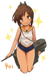 Rule 34 | 10s, 1girl, brown eyes, brown hair, dark skin, dark-skinned female, i-401 (kancolle), ica, kantai collection, looking at viewer, one-piece swimsuit, open mouth, personification, ponytail, sailor collar, school swimsuit, school uniform, short hair, short ponytail, smile, solo, swimsuit, swimsuit under clothes