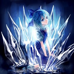 Rule 34 | 1girl, arm support, blue eyes, bow, cirno, hair bow, highres, ice, long hair, looking at viewer, short sleeves, sitting, solo, touhou, u u zan, wariza