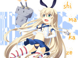 Rule 34 | 10s, 1girl, anchor, black panties, blonde hair, blush, elbow gloves, fang, flat chest, gloves, hair ornament, hairband, kantai collection, long hair, meracle, open mouth, panties, pantyshot, personification, rensouhou-chan, sailor collar, shimakaze (kancolle), skirt, socks, striped clothes, striped thighhighs, thighhighs, underwear, upskirt, white gloves