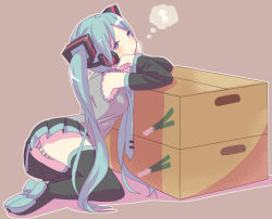 Rule 34 | 1girl, bad id, bad pixiv id, boots, box, cardboard box, detached sleeves, hatsune miku, head rest, headphones, kuroshironeko, long hair, necktie, panties, skirt, solo, spring onion, striped clothes, striped panties, thigh boots, thighhighs, twintails, underwear, very long hair, vocaloid