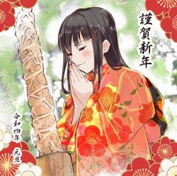 Rule 34 | 1girl, aqua eyes, artist name, artist request, black hair, blunt bangs, check commentary, check translation, closed eyes, commentary request, female focus, floral print, flower print, green eyes, hair ornament, hair over shoulder, hairclip, japanese clothes, kimono, kurosawa dia, long hair, long sleeves, looking at viewer, love live!, love live! sunshine!!, mole, mole under mouth, nail, nail polish, orange kimono, pink nails, praying, solo, translated, translation request, wide sleeves
