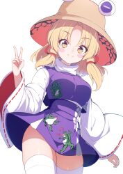 Rule 34 | 1girl, absurdres, animal print, arm at side, blonde hair, blush stickers, breasts, brown hat, closed mouth, commentary, cowboy shot, curvy, darumoon, eyelashes, eyeshadow, floating hair, frog print, hair ribbon, hand up, happy, hat, high-waist skirt, highres, long sleeves, looking at viewer, low twintails, makeup, medium breasts, medium hair, miniskirt, moriya suwako, parted bangs, print skirt, print vest, purple skirt, purple vest, pyonta, red ribbon, ribbon, ribbon-trimmed sleeves, ribbon trim, shirt, sidelocks, simple background, skirt, smile, solo, split mouth, thighhighs, thighs, touhou, tress ribbon, turtleneck, twintails, v, vest, white background, white shirt, white thighhighs, wide sleeves, yellow eyes, zettai ryouiki