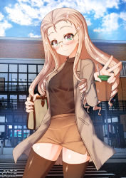 Rule 34 | 1girl, bag, black shirt, black thighhighs, blonde hair, blush, breasts, brown jacket, cameltoe, closed mouth, covered erect nipples, covered navel, drink, girls und panzer, glasses, green eyes, handbag, highres, impossible clothes, impossible skirt, jacket, long hair, looking at viewer, marie (girls und panzer), medium breasts, megadeko, microskirt, outdoors, shirt, skirt, smile, solo, thighhighs