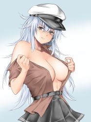 Rule 34 | belt, black belt, blush, breasts, brown eyes, facial scar, gangut (kancolle), gradient background, hair between eyes, hair ornament, haru (hr works), hat, highres, kantai collection, large breasts, long hair, military, military hat, military uniform, naval uniform, no bra, open clothes, open shirt, peaked cap, red shirt, scar, scar on cheek, scar on face, shirt, short sleeves, silver hair, skirt, smile, solo, two-tone background, uniform