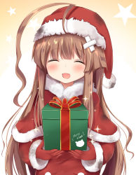Rule 34 | 10s, 1girl, :d, ^ ^, ahoge, bad id, bad pixiv id, blush, brown background, brown hair, capelet, christmas, closed eyes, facing viewer, fang, fur-trimmed sleeves, fur trim, gift, gloves, gradient background, hat, holding, holding gift, kantai collection, kuma (kancolle), long hair, long sleeves, masayo (gin no ame), merry christmas, open mouth, red gloves, santa costume, santa hat, smile, solo, star (symbol), starry background, upper body, wavy hair, white background