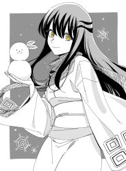 Rule 34 | 1girl, absurdres, border, closed mouth, commentary request, grey background, greyscale, hair between eyes, highres, holding, holding snowman, japanese clothes, kimono, leaf, long hair, looking at viewer, monochrome, nurarihyon no mago, obi, oikawa tsurara, outside border, rasupekuto, ringed eyes, sash, scarf, simple background, smile, snowflakes, snowman, solo, spot color, white border, wide sleeves, yellow eyes, yuki onna (nurarihyon no mago)