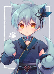 Rule 34 | animal ears, animal hands, blue background, blue hair, blush, cat boy, cat ears, cat paws, chana gon, detached sleeves, facing viewer, gloves, idolish7, isumi haruka, looking at viewer, paw gloves, short hair, white background, yellow eyes