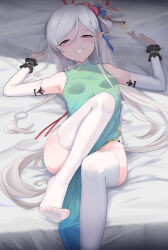 Rule 34 | 1girl, absurdres, armpits, blue archive, blush, breasts, china dress, chinese clothes, commentary request, detached sleeves, dress, foot out of frame, green dress, grey hair, grin, hair ornament, hair stick, half-closed eyes, highres, lkovn956271, long hair, looking at viewer, lying, mahjong soul, mutsuki (blue archive), no shoes, on back, pink eyes, pointy ears, sleeveless, sleeveless dress, small breasts, smile, soles, solo, thighhighs, white sleeves, white thighhighs