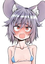 Rule 34 | 1girl, absurdres, animal ear fluff, animal ears, areola slip, bikini, blue bikini, blush, breasts, commentary request, ginger ale (syouga 6383), grey hair, highres, looking at viewer, mouse ears, mouse girl, nazrin, open mouth, portrait, short hair, simple background, small breasts, solo, surprised, sweat, swimsuit, touhou, white background