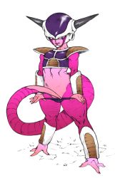 Rule 34 | 1boy, armor, dragon ball, dragonball z, frieza, full body, highres, kyuraa (kyura9een), male focus, panties, smile, solo, standing, tail, underwear, white background