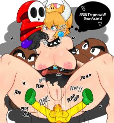 Rule 34 | 1girl, 4boys, anal, blonde hair, bowsette, crown, double penetration, earrings, english text, fellatio, genderswap, genderswap (mtf), goomba, group sex, horns, jewelry, koopa troopa, multiple boys, nipple slip, nipples, oral, penis, penis to breast, pussy, rape, reverse cowgirl position, scocks4you, sex, sex from behind, shy guy, straddling, tagme, thought bubble, uncensored, vaginal