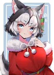 Rule 34 | 1girl, :3, animal ears, belt, black hair, blue eyes, blush, commentary request, dog ears, dog girl, dog tail, fang, fang out, fur-trimmed sleeves, fur collar, fur trim, hair ribbon, highres, kemono friends, long sleeves, looking at viewer, pom pom (clothes), ribbon, santa costume, short hair, siberian husky (kemono friends), smile, solo, tail, upper body, white hair, yuanagae