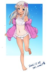 Rule 34 | 1girl, absurdres, barefoot, bikini, blonde hair, blue eyes, bow, commentary request, dated, full body, gradient background, hair bow, highres, jacket, kantai collection, long hair, looking at viewer, navel, one-piece tan, pink jacket, ro-500 (kancolle), running, smile, solo, swimsuit, tan, tanline, toriniku senshi chikinman, twitter username, white bikini
