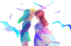 Rule 34 | 1boy, 1girl, arms behind back, bird, blonde hair, blue dress, brown hair, closed eyes, dress, facing another, flower, green hat, hair flower, hair ornament, hand on own chest, hat, hetero, instrument, jewelry, kiss, kissing forehead, link, long hair, marin (zelda), necklace, nintendo, ocarina, oiishiosakana, osakana (oishiiosakana), pointy ears, profile, red hair, seagull, simple background, standing, the legend of zelda, the legend of zelda: link&#039;s awakening, tunic