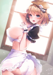 Rule 34 | 1girl, apron, ass, bikini, blue eyes, breasts, brown hair, fangs, frills, gloves, hair ornament, hat, highres, kanola u, large breasts, looking at viewer, maid, maid apron, maid bikini, open mouth, original, pig nose, puffy sleeves, short hair, sideboob, smile, solo, swimsuit, symbol-shaped pupils, thighs, unconventional maid, waist apron, white gloves