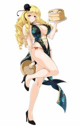 Rule 34 | 1girl, ariel foch, blonde hair, bracelet, breasts, carrying, center opening, china dress, chinese clothes, cle masahiro, cleavage, dress, drill hair, eyebrows, floral print, full body, hair ornament, high heels, highres, jewelry, large breasts, leg lift, long hair, looking at viewer, navel, official art, pelvic curtain, pumps, purple eyes, side slit, simple background, smile, solo, standing, standing on one leg, tray, valkyrie drive, valkyrie drive -siren-, white background