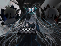 Rule 34 | artoria pendragon (all), artoria pendragon (fate), black dress, breasts, chess piece, chessboard, cleavage, copyright request, crossed legs, crown, dress, fate (series), floating hair, hair between eyes, head rest, highres, king (chess), knight (chess), long dress, long hair, looking at viewer, medium breasts, mordred (fate), mordred (fate/apocrypha), nayu tundora, plant, queen (chess), saber (fate), see-through, shrug (clothing), silver hair, sleeveless, sleeveless dress, strapless, strapless dress, veil, very long hair, vines, yellow eyes