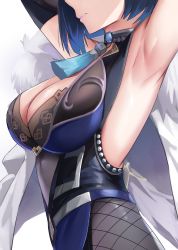 Rule 34 | 1girl, absurdres, armpits, arms up, black gloves, blue hair, breasts, closed mouth, coat, commentary, commentary typo, elbow gloves, fishnets, from side, fur-trimmed coat, fur trim, genshin impact, gloves, head out of frame, highres, large breasts, open clothes, open coat, short hair, simple background, skai kun, sleeveless, solo, tassel, white background, white coat, yelan (genshin impact)
