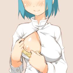 Rule 34 | 10s, 1girl, blue hair, bra, breast focus, breast slip, breasts, dress shirt, exhibitionism, head out of frame, hidden face, lowres, mahou shoujo madoka magica, mahou shoujo madoka magica (anime), miki sayaka, nipples, one breast out, public indecency, school uniform, shinama, shirt, short hair, smile, solo, unbuttoned, underwear