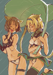 Rule 34 | 00s, 2girls, animal ears, bad id, bad pixiv id, bikini, black legwear, blonde hair, branch (blackrabbits), breasts, brown hair, cameltoe, cat ears, cat girl, cat tail, cleft of venus, closed eyes, final fantasy, final fantasy xi, hairband, happy, leaf, leaf umbrella, midriff, mithra (ff11), multiple girls, navel, nipples, open mouth, rain, see-through, short hair, small breasts, smile, swimsuit, tail, thigh strap, thighhighs, underwear, wet