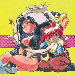 Rule 34 | 2girls, antenna hair, black eyes, black hair, blush, boots, breasts, circlet, gloves, headband, large breasts, lina inverse, long hair, multiple girls, naga the serpent, one eye closed, pants, red eyes, red hair, revealing clothes, shiny skin, slayers, smile, star (symbol), strangling, tongue, tongue out, translation request, wink