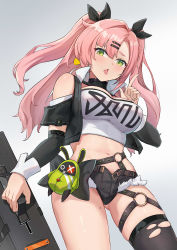 Rule 34 | 1girl, absurdres, bare shoulders, belt, black ribbon, black shorts, black sleeves, black thighhighs, black vest, blush, breasts, chinese commentary, cleavage, clothing cutout, commentary, cowboy shot, crop top, cutoffs, detached sleeves, earrings, green eyes, hair between eyes, hair ornament, hair ribbon, hairclip, hand up, heart, heart earrings, highres, holding case, index finger raised, jewelry, large breasts, long hair, looking at viewer, micro shorts, midriff, mole, mole on breast, mole on thigh, navel, nicole demara, o-ring, o-ring belt, open clothes, open fly, open mouth, open vest, pink hair, ribbon, shorts, shoulder cutout, sidelocks, simple background, single thighhigh, skindentation, solo, standing, strapless, thighhighs, tongue, tongue out, torn clothes, torn thighhighs, tube top, two side up, vest, weapon case, white background, xiachujin, zenless zone zero