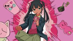 Rule 34 | 1girl, asymmetrical sidelocks, black eyes, black hair, blazer, blue jacket, bow, bowtie, can, cellphone, character request, chasen, collared shirt, commentary request, cover, cup, dark skin, darling dance (vocaloid), dot nose, drink can, drinking, drinking straw, drinking straw in mouth, explosion, expressionless, flat chest, flat color, green tea, grey skirt, hair bow, head tilt, heart, highres, jacket, jitome, lone nape hair, long hair, long sleeves, mona (2ch), monster energy, official art, open clothes, open jacket, otsuji, phone, pink background, pink bow, pink bowtie, pink vest, pleated skirt, school uniform, shiretto sugee koto iteru gal. - shiritsu para no marukoukou no nichijou, shirt, skirt, skirt hold, smartphone, soda can, solo, splashing, stuffed animal, stuffed toy, tea, teddy bear, twintails, vest, yellow shirt