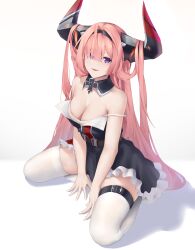 Rule 34 | 1girl, absurdres, azur lane, black dress, black horns, breasts, chinese commentary, cleavage, cross, detached collar, dress, hair on horn, highres, horns, iron cross, large breasts, large horns, long hair, looking at viewer, mechanical horns, nya cot, pink hair, prinz rupprecht (azur lane), purple eyes, simple background, sleeveless, sleeveless dress, solo, thigh strap, thighhighs, very long hair, white background, white thighhighs, zettai ryouiki