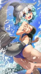 Rule 34 | 1girl, :d, absurdres, ass, barefoot, breasts, cetacean tail, competition swimsuit, fins, fish tail, happy, head fins, highres, kemono friends, medium breasts, melaton, multicolored hair, one-piece swimsuit, open mouth, sideboob, smile, solo, splashing, swimsuit, tail, water