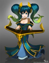 Rule 34 | 1girl, aqua hair, bare shoulders, breasts, cleavage, dress, gradient hair, green eyes, green hair, hair ornament, instrument, large breasts, league of legends, long dress, long hair, matching hair/eyes, multicolored hair, music, neo-tk.., off-shoulder dress, off shoulder, playing instrument, reflective floor, solo, sona (league of legends), twintails