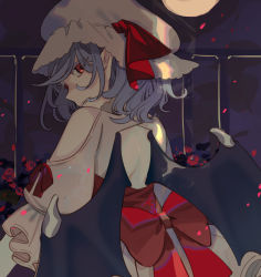 Rule 34 | 1girl, absurdres, back bow, back cutout, bat wings, blue hair, bow, clothing cutout, commentary request, dress, flower, from behind, hat, hat ribbon, highres, looking back, medium hair, mob cap, moon, pink dress, pink hat, pointy ears, red bow, red eyes, red ribbon, remilia scarlet, ribbon, rose, shi chimi, short sleeves, solo, touhou, upper body, wings