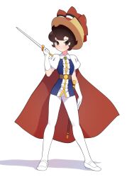 Rule 34 | 1girl, arm at side, brooch, brown eyes, brown hair, cape, full body, gloves, hat, hat ribbon, highres, holding, holding sword, holding weapon, jewelry, looking at viewer, pantyhose, princess sapphire, puff and slash sleeves, puffy short sleeves, puffy sleeves, rapier, red cape, red ribbon, ribbon, ribbon no kishi, sheath, short hair, short sleeves, simple background, smile, solo, standing, sword, troy7737, weapon, white footwear, white gloves, white pantyhose