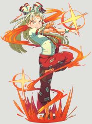Rule 34 | 1girl, fire, from side, fujiwara no mokou, full body, hair ribbon, long hair, looking at viewer, outstretched arm, pants, platinum blonde hair, red pants, ribbon, serious, simple background, solo, standing, standing on one leg, torn sleeve, touhou, zaki (mr zaki0808)