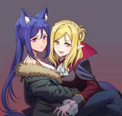 Rule 34 | 2girls, animal ear fluff, animal ears, ascot, blonde hair, blood, blood in mouth, breasts, closed mouth, coat, commentary request, frilled sleeves, frills, fur-trimmed jacket, fur trim, gradient background, green jacket, highres, jacket, long hair, long sleeves, looking at viewer, love live!, love live! sunshine!!, matsuura kanan, medium breasts, medium hair, multiple girls, nyasa, off shoulder, ohara mari, open mouth, parted bangs, pointy ears, ponytail, purple coat, purple eyes, purple hair, purple jacket, purple nails, shirt, sidelocks, single hair ring, sleeveless, sleeveless shirt, slit pupils, white ascot, white shirt, wolf ears, yellow eyes, yuri