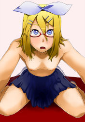 Rule 34 | blonde hair, blue eyes, blush, bow, breasts, feet, glasses, kagamine rin, nipples, skirt, sweat, topless, vocaloid