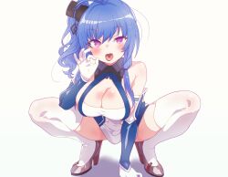 Rule 34 | 1girl, arbiter1, azur lane, bare shoulders, blue dress, blue hair, blue nails, blush, breasts, cleavage, cowl neck, detached sleeves, dress, fellatio gesture, hair ornament, hair ribbon, high heels, highres, large breasts, long hair, looking at viewer, open mouth, red eyes, ribbon, side ponytail, silver dress, silver footwear, solo, squatting, st. louis (azur lane), tongue, tongue out, two-tone dress, white dress