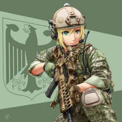 Rule 34 | 1girl, assault rifle, blonde hair, bundeswehr, camouflage, dated, german flag, germany, gloves, green background, green eyes, gun, h&amp;k g36, headset, helmet, highres, jpc, knee pads, load bearing vest, military, military uniform, on one knee, original, radio, rifle, serious, short hair, signature, sleeves rolled up, soldier, solo, trigger discipline, uniform, weapon