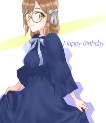 Rule 34 | 1girl, artist name, artist request, blue bow, blue dress, blue skirt, blush, bow, breasts, brown hair, collared dress, dress, female focus, glasses, hair bow, holding, holding clothes, holding skirt, kunikida hanamaru, light brown hair, long hair, looking at viewer, love live!, love live! school idol festival, love live! sunshine!!, medium breasts, miwo classic, skirt, smile, solo, striped, striped bow, white background, white bow, yellow eyes