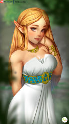 Rule 34 | 1girl, arm behind back, bare shoulders, belt, blonde hair, blue eyes, bracelet, breasts, cleavage, didi esmeralda, dress, eyelashes, facing viewer, hair flip, highres, jewelry, lips, long hair, looking at viewer, medium breasts, necklace, nintendo, nose, parted bangs, pointy ears, princess zelda, sidelocks, solo, strapless, strapless dress, the legend of zelda, the legend of zelda: breath of the wild, thick eyebrows, triforce, white dress