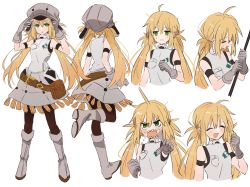 Rule 34 | 1girl, 6+girls, @ @, ahoge, artoria caster (fate), artoria caster (first ascension) (fate), artoria pendragon (fate), belt, belt bag, black pantyhose, blonde hair, blush, breasts, brown belt, buttons, closed eyes, closed mouth, fate (series), fur hat, gloves, green eyes, grey footwear, grey gloves, grey headwear, hair between eyes, hat, highres, holding, holding weapon, long fall boots, long hair, looking at viewer, multiple girls, namiharuru, open mouth, packet, pantyhose, small breasts, smile, teeth, twintails, ushanka, vest, weapon, white background, white vest