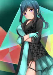 Rule 34 | 1girl, alternate hairstyle, arm between breasts, artist name, artist request, azalea (love live!), bare legs, belt, black belt, black choker, black dress, black shorts, blue hair, blush, breasts, buttons, choker, cleavage, crossed arms, dress, female focus, gloves, green dress, green gloves, green ribbon, hair between eyes, hair ribbon, high ponytail, highres, himitsu no story (love live!), in the dark (love live!), long hair, looking at viewer, love live!, love live! school idol festival, love live! sunshine!!, matsuura kanan, medium breasts, parted lips, ponytail, purple eyes, ribbon, short dress, short sleeves, shorts, shorts under dress, smile, solo, the secret story (love live!), two-tone dress