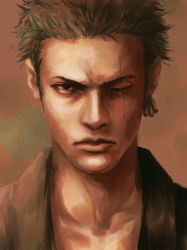 Rule 34 | 1boy, earrings, f (zxc0000), green hair, jewelry, looking at viewer, male focus, one-eyed, one piece, painterly, realistic, roronoa zoro, scar, scar across eye, scar on face, short hair, solo