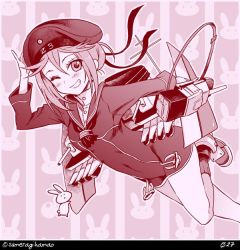 Rule 34 | 1girl, alternate costume, alternate hairstyle, anchor, rabbit, cannon, commentary request, cosplay, dress, hat, kantai collection, machinery, monochrome, numbered, one eye closed, pink theme, sailor dress, sailor hat, sazanami (kancolle), short hair, smile, solo, sumeragi hamao, turret, twitter username, z3 max schultz (kancolle) (cosplay), z3 max schultz (kancolle)