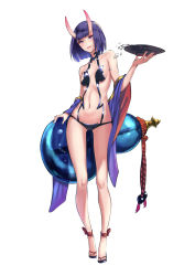 Rule 34 | 1girl, alcohol, blue hair, blunt bangs, blush, bob cut, breasts, cup, eyebrows, fate/grand order, fate (series), gourd, highres, horns, looking at viewer, navel, oni, open mouth, purple eyes, revealing clothes, sakazuki, sake, short hair, shuten douji (fate), skin-covered horns, skindentation, small breasts, solo, white background, zemeth