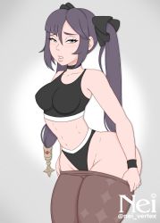 Rule 34 | 1girl, artist name, ass, breasts, choker, clothes pull, collarbone, curvy, genshin impact, grey background, highres, huge ass, lip biting, long hair, looking at viewer, medium breasts, mona (genshin impact), nei vertex, pantyhose, pantyhose pull, purple hair, solo, sports bra, thick thighs, thighs, twintails, wide hips